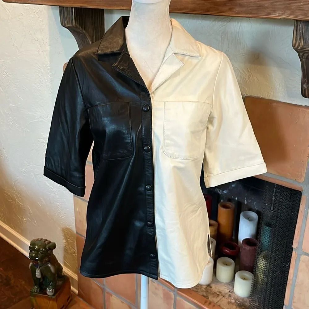 Muubaa Black/Off White Paneled Leather Snap-Up Shirt, 4!